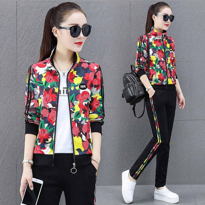 

4XL спортивный костюм, женские спортивные костюмы, весна 2023, Повседневный, с длинным рукавом, с принтом, на молнии, пальто + футболка + штаны, комплект из 3 предметов