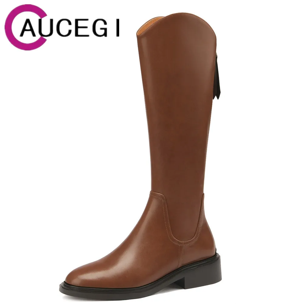 

Aucegi Riding Knee High Boots Quality Leather Round Toe Comfortable Square Heels Back Zipper Classic Equestrian Shoes Black