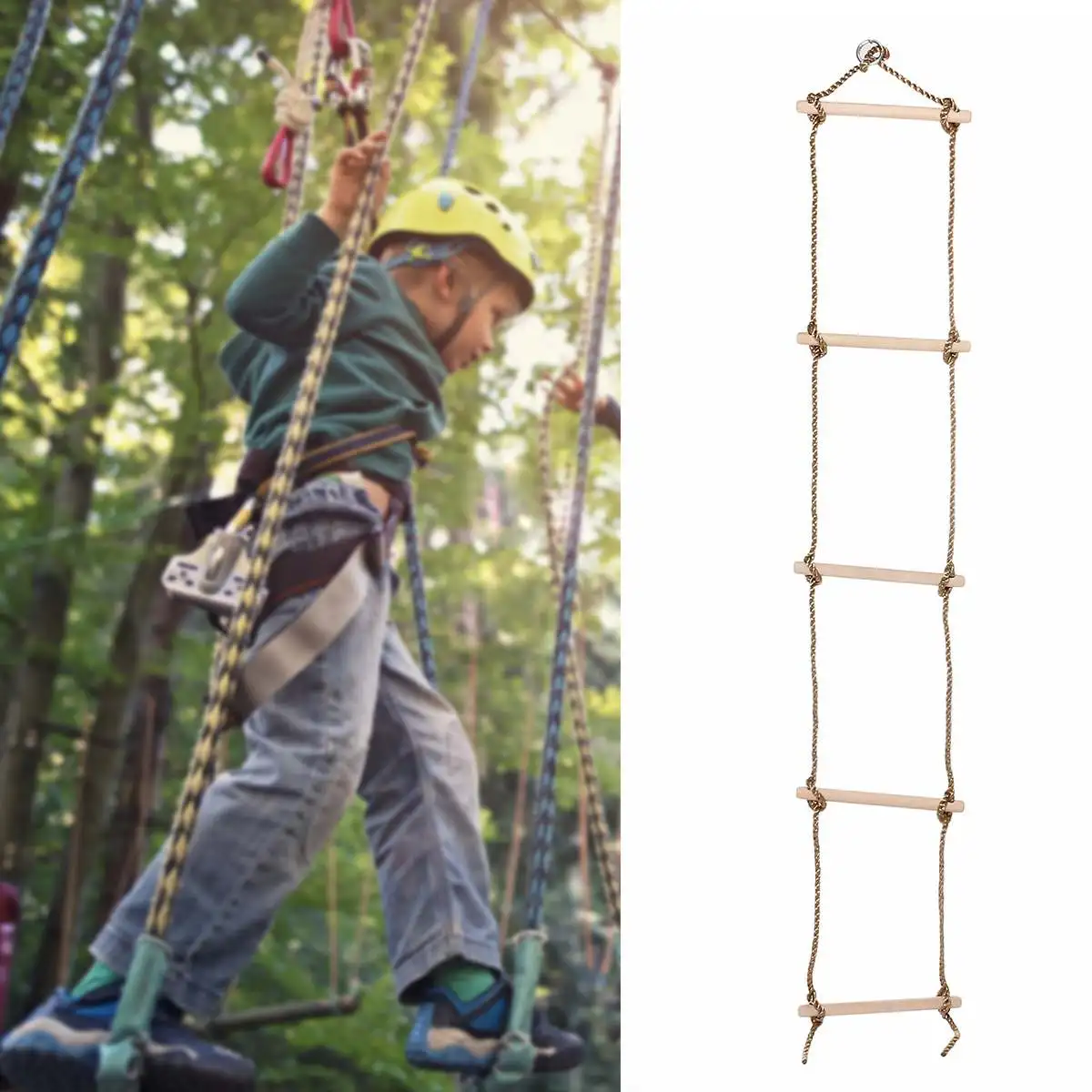 

5 Rungs Kids Wooden Climbing Toys Rope Swing Ladder Toy Child Sport Safety Equipment Indoor Outdoor Garden Playground Game