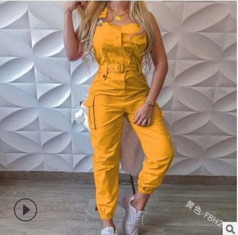 

Women Jumpsuits Pocket One-piece Pants Sleeveless Suspender Overalls for Women Solid Simple Pencil Pants with Belt 6XL Donsignet