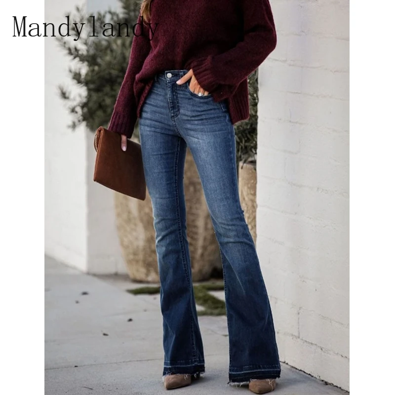 

Mandylandy Women's Casual Mid Waist Button Stretch Wide Leg Jeans Spring and Autumn Fashion Solid Color Slim Flared Jeans