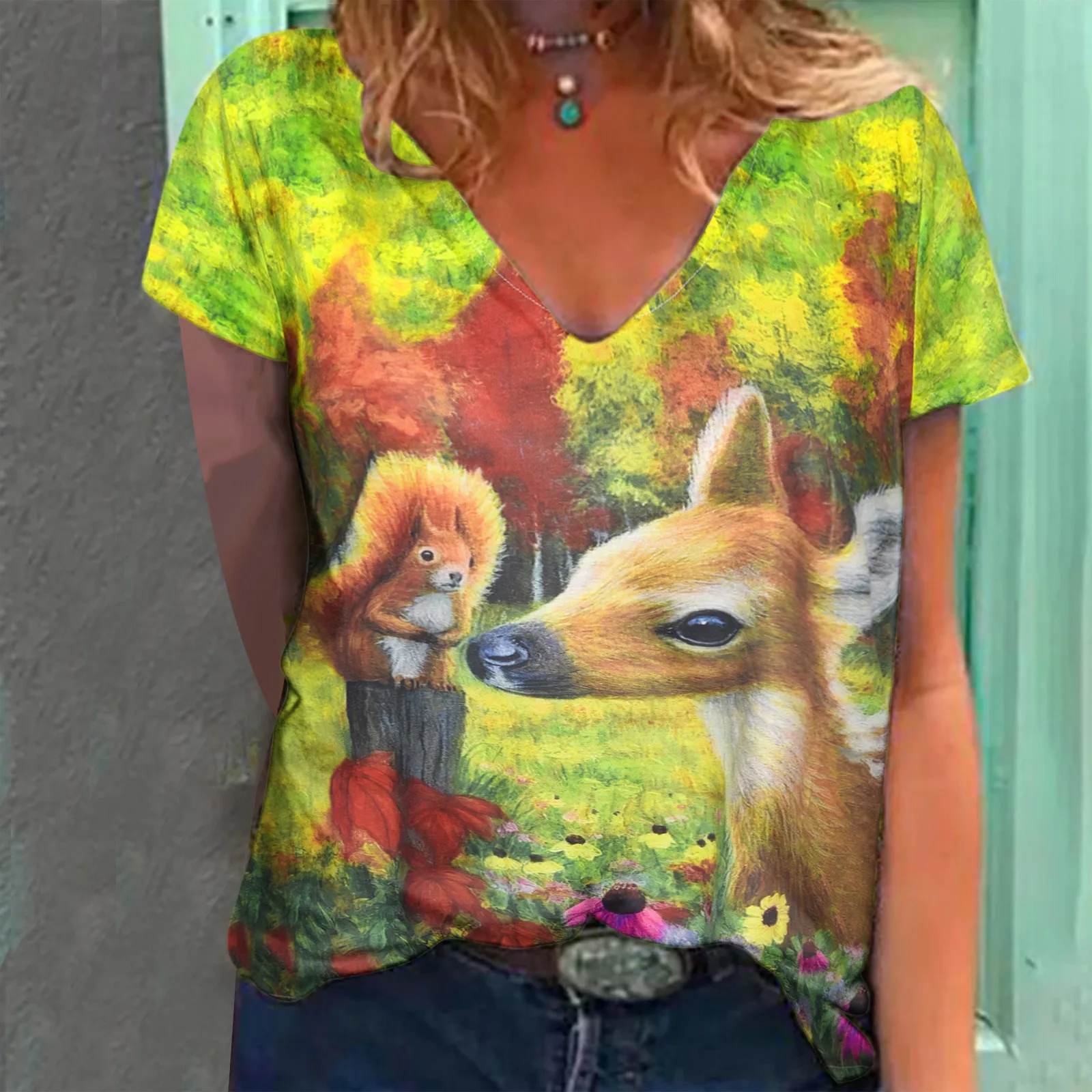 

SAGACE Spring Scenery Ladies Casual T-shirt New Animal Forest Printed Polyester Slimming Top Daily футболка 2021