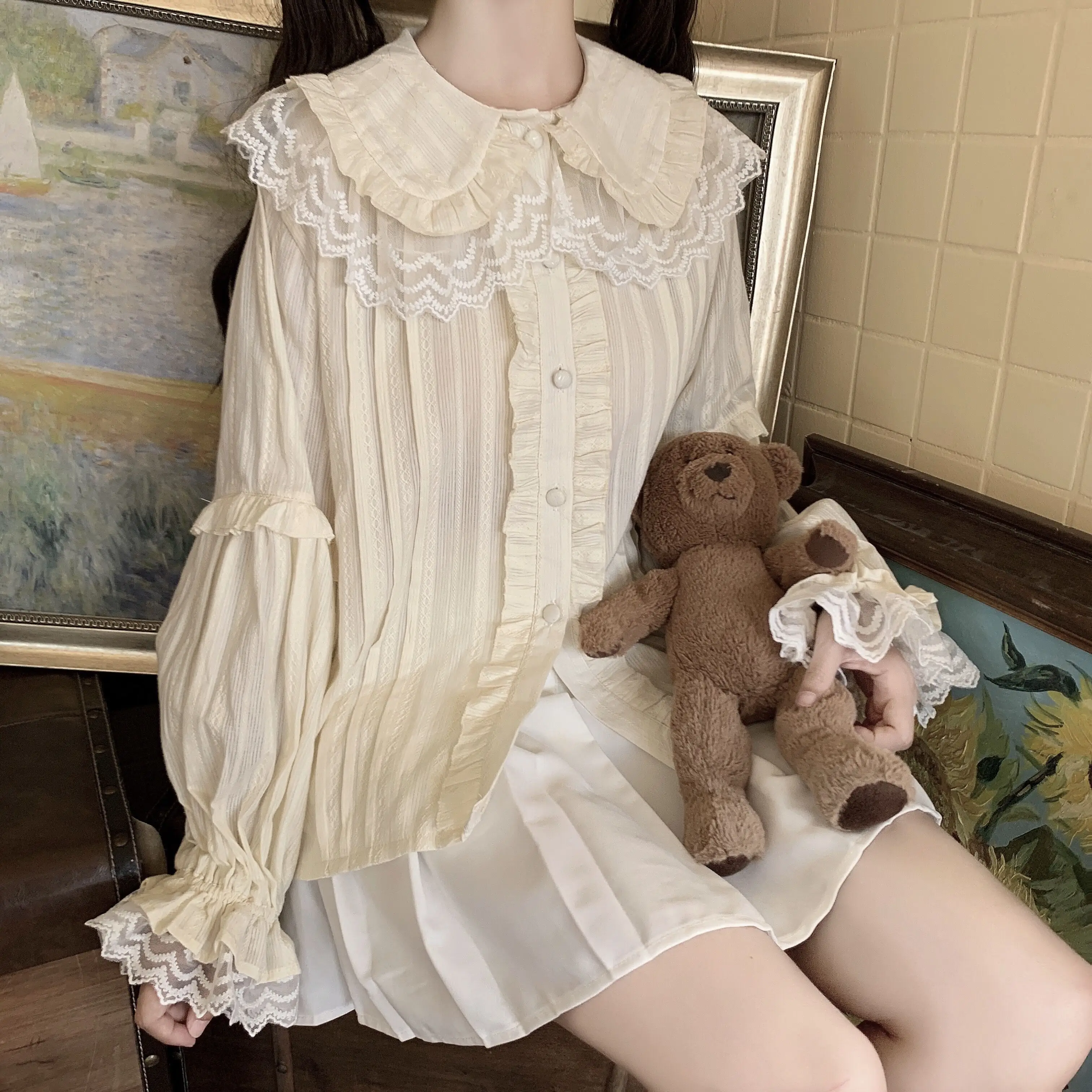 

Kawaii Peter Pan Collar Lace Ruffles Jk Shirts Soft Girl Japanese Cute Loose Long Sleeve Lolita Blouses Women Sweet Blusas Mujer