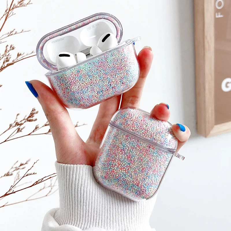 Чехол для Airpods Pro прозрачный жесткий чехол с милыми радужными бусинами Макарон