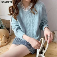 woman sweaters loose sweater womens autumn winter lace patchwork knitting thick top femme chandails pull hiver