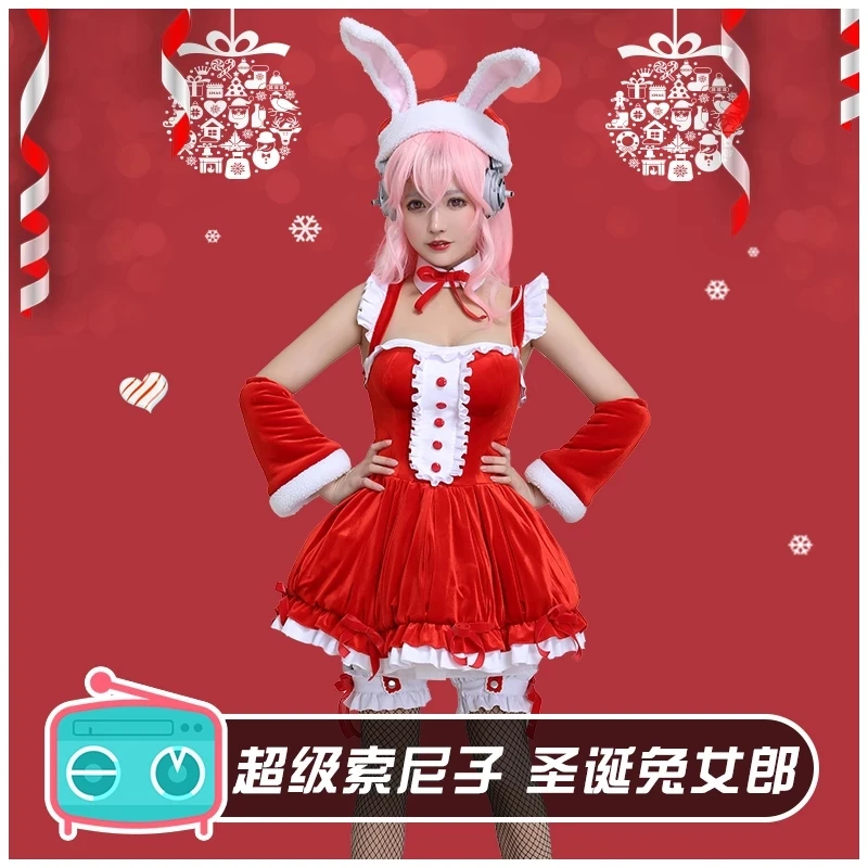 

COSLEE Hot Anime SUPERSONICO Cosplay Costumes Red Christmas Bunny Girl Dress Halloween Performance Wear Clothing