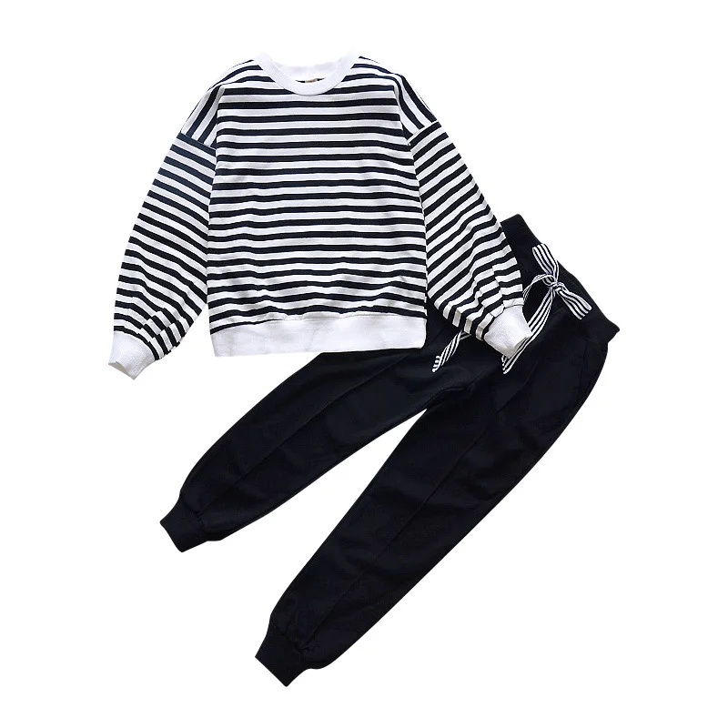 

Melario New Chidlren's Clothes Autumn Casual Loose Clothing Sets Striped Long Sleeve and Solid Pants Teenagers Kids Active Suits