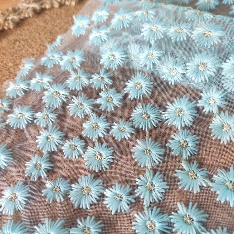 New High QualityBlue Daisy Mesh Embroidery Lace Fabric For Dress Veil Skirt Window Screen Background Material by the meter