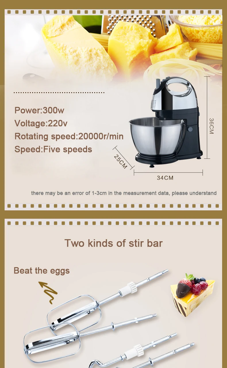 JIQI 4L Stainless Steel Bowl Electric Stand Food Mixer Egg Beater Cream Blender Handheld Whisk Cake Bread Dough Kneading Machine