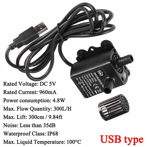 Погружной фонтан Decdeal, бесшумный мини-насос постоянного тока/USB, 5/12 В, 5-10 Вт, 300-аквариумный циркулирующий л/ч, см - изображение