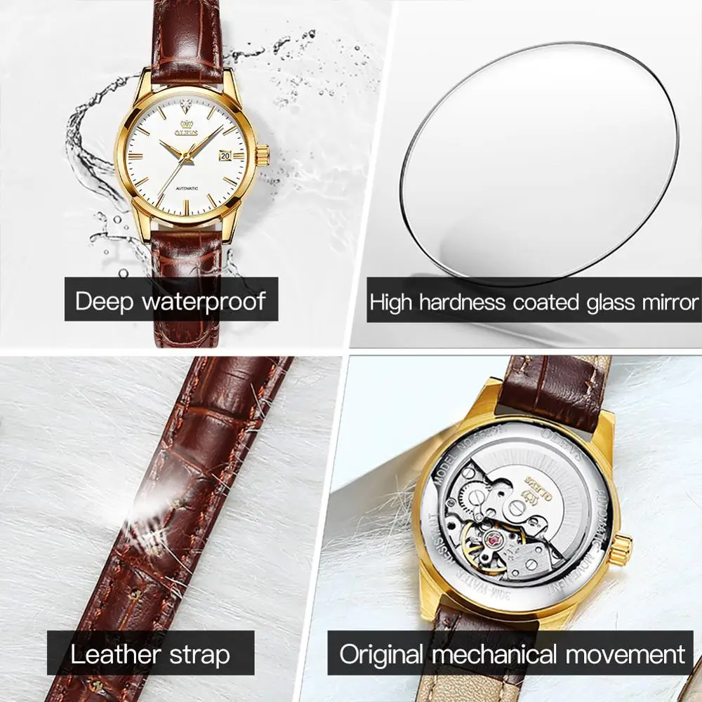 OLEVS Watches for Women Brown Leather Women Automatic Watch Mechanical Classic Ladies Watches Casual 3ATM Waterproof WristWatch enlarge