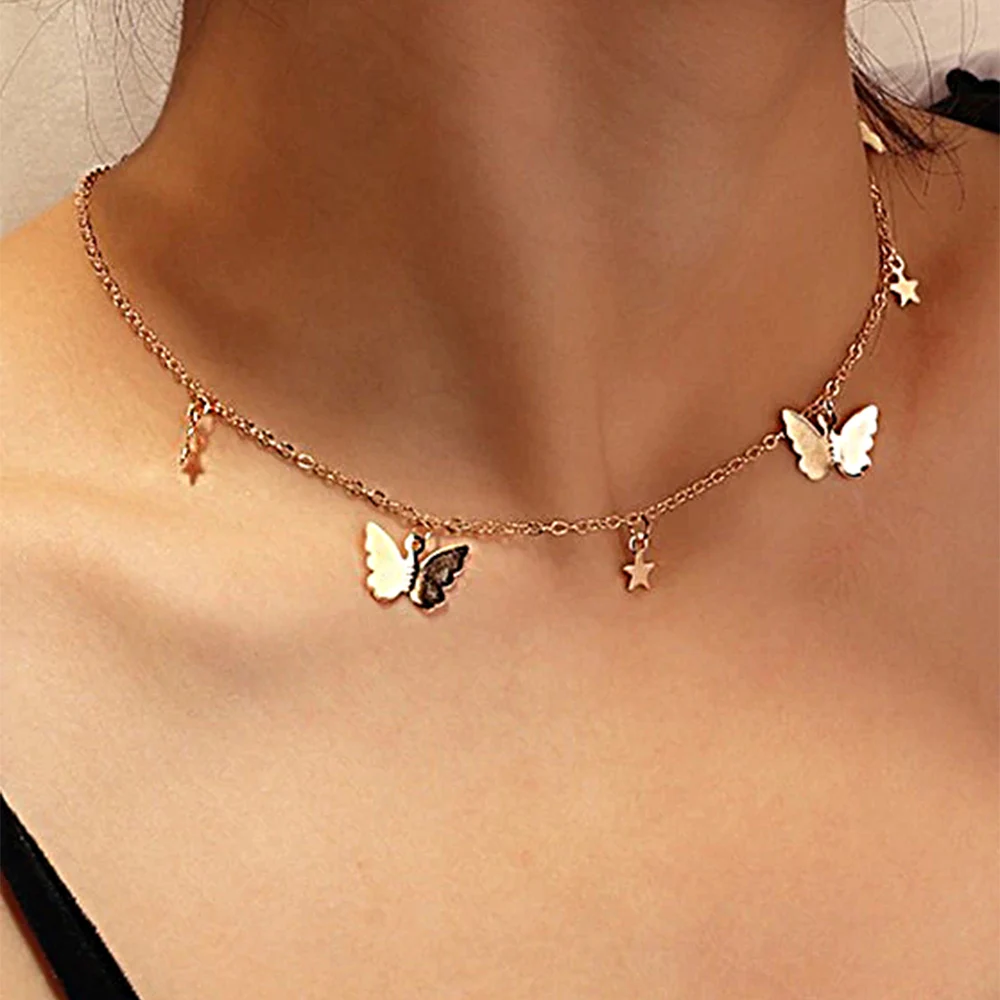 

Bohemian Gold Butterfly Necklace Pendant Crystal Stone Multi-layer Clavicle Chain Choker Colorful Women Jewelry