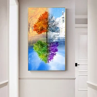 beautiful landscape painting modern murals reflection in the water changes in the four seasons painted trees home posters