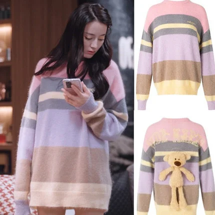 

2021 Autumn and winter sweater cute bear color matching striped woman sweater trendy clothes for women