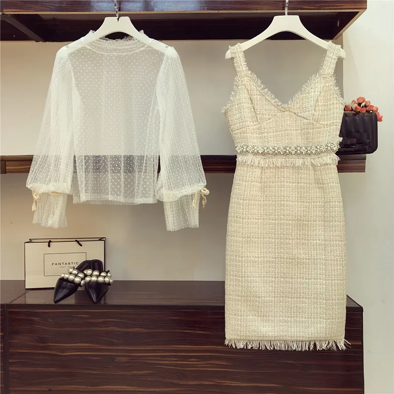 2 piece set Женские элегантные кисточки вышивка бисером твидовые платья костюм осень зима мода горошек сетки Топ+ v-образным вырезом спинки шерстяное платье - Цвет: 2 piece set