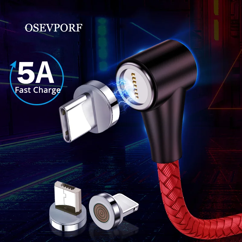 Магнитный зарядный кабель USB Type C 5 А для быстрой зарядки и передачи данных с углом