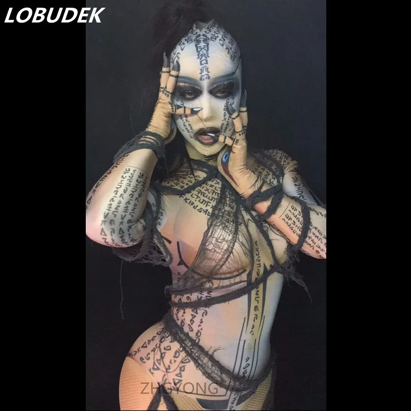 

Halloween Scary Costumes 3D Pattern Printing Bodysuit Nightclub Bar Party Role Performance Clothing Novelty Women DS Stage Wear