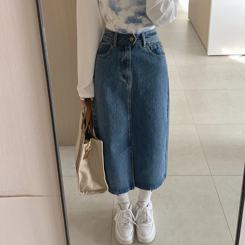 

ZHISILAO Elegant High Waist A-line Denim Skirt Women Vintage Blue Split Fork Knee-length Straight Jean Skirt Summer 2021