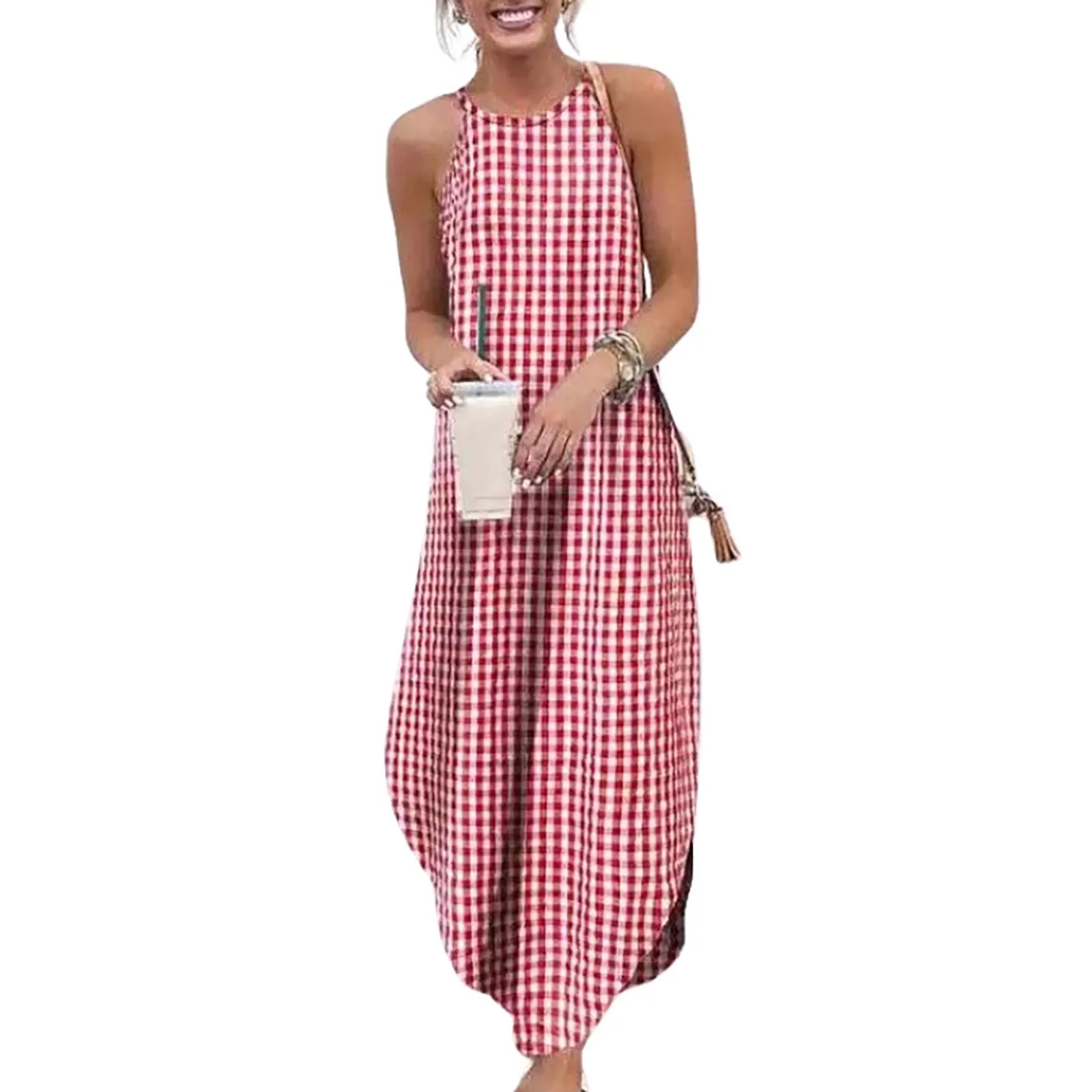 

В клетку длинное платье в богемном стиле пикантные сарафан без рукавов для женщин на каждый день с лямкой на шее летнее пляжное платье вышив...