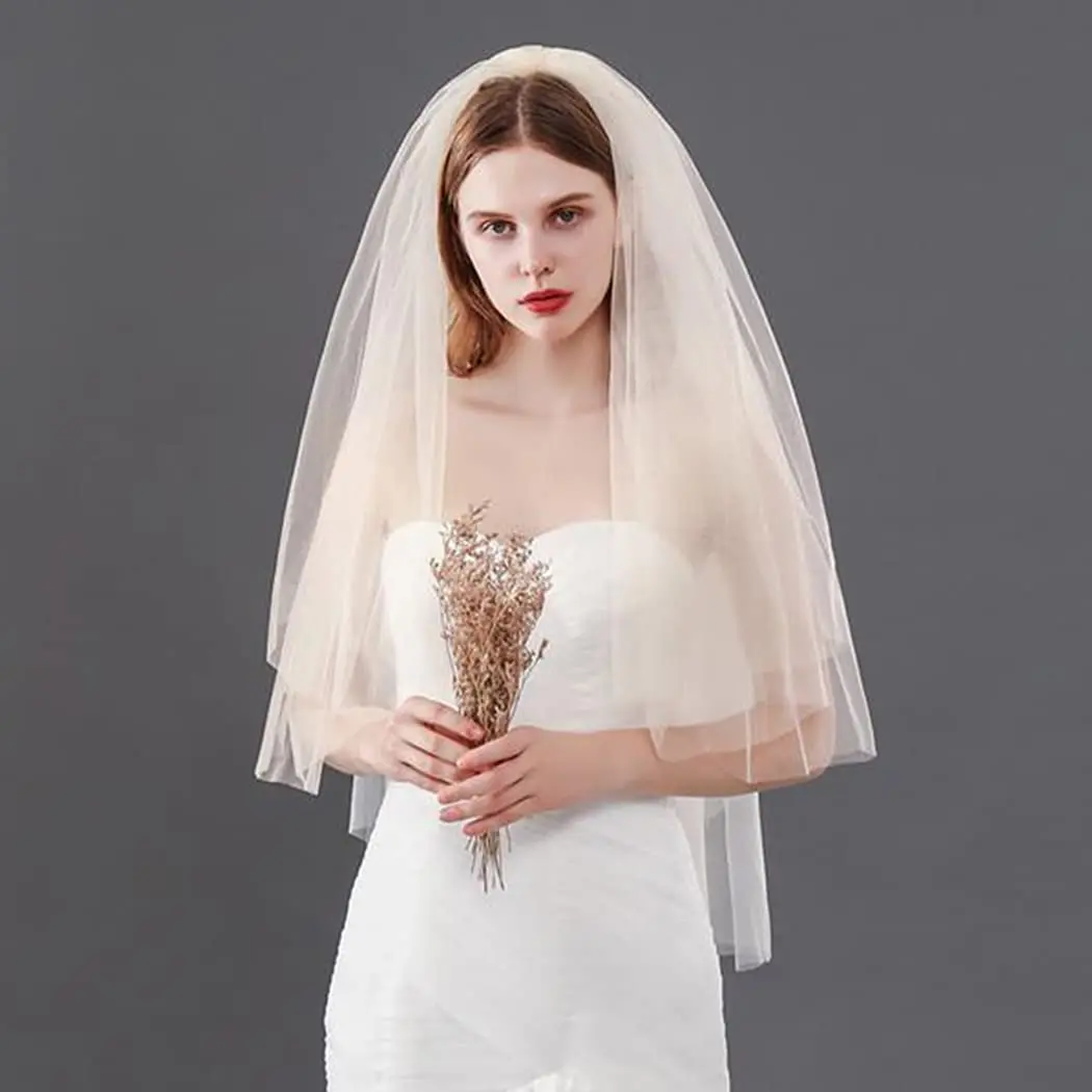 

2-Tier Wedding Veil for Brides Champagne Short Veils Fingertip Length Simple Bridal Veils With Comb Cut Edge Hair Accessories