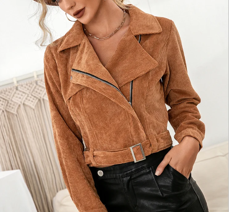 

European and American fall/winter corduroy fashion 4 colors casual side zipper short jacket jacket coat women