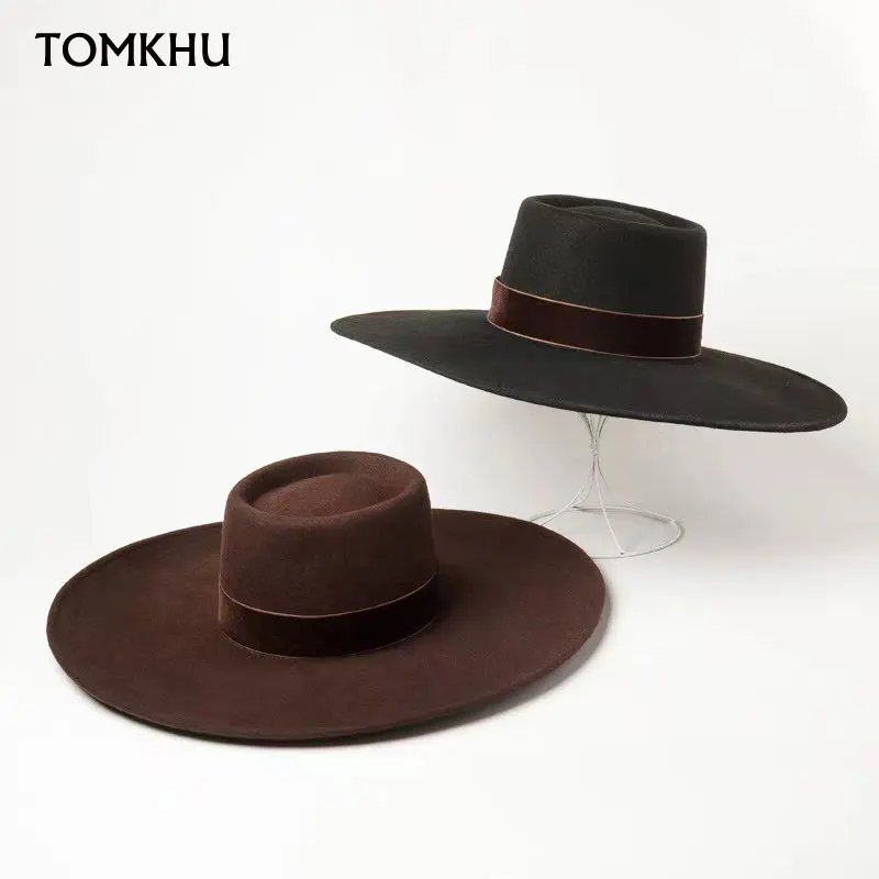 New European American Winter Gold Velvet Decorative Ring Concave Wool Fedora Hats For Women Wide Brim Catwalk Designer Felt Hat