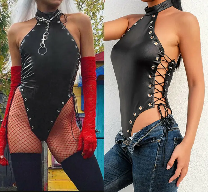 Боди с ремешками женский Облегающий комбинезон из искусственной кожи повязкой