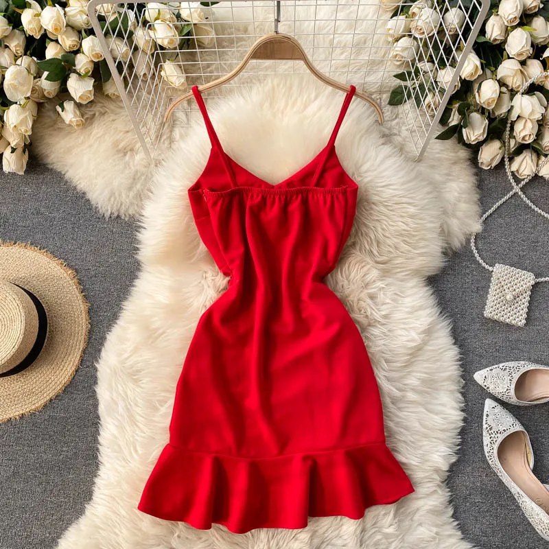 

2021 New Sexy V-neck Spaghetti Strap Sleeveless Mini Bodycon Dress Summer Women Slim Waist Drawstring Ruched Ruffles Party Dres