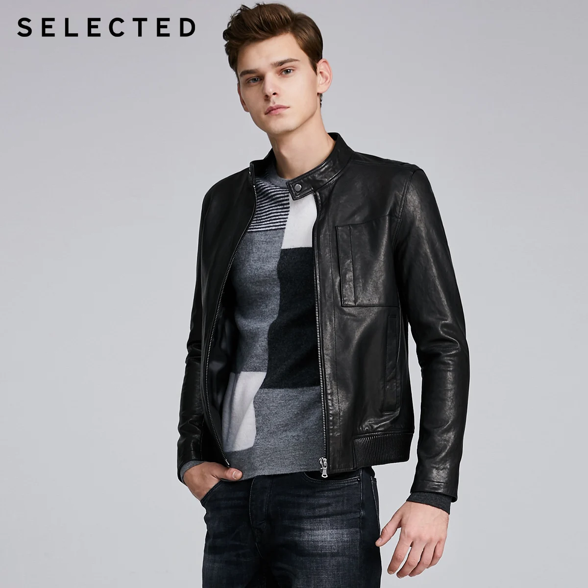 Отборная Мужская черная кожаная куртка с воротником стойкой из овчины S | 419410512|