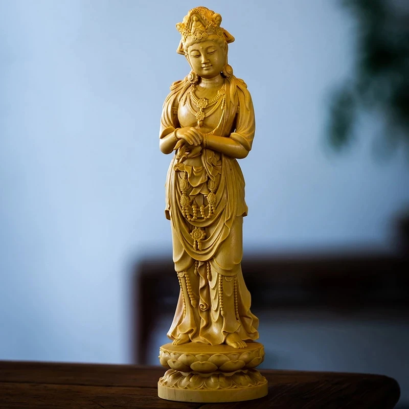 

20CM Tang-style Guanyin Bodhisattva Wood Carving Solid Wood Buddha Sculpture Craft Ornaments