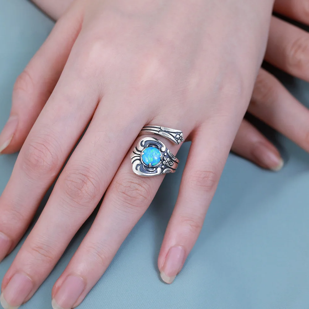 Продажа Классическое серебряное кольцо AILIN 925, женское индивидуальное кольцо с ложкой и опалом, ювелирные изделия с индивидуальной гравировкой, под...