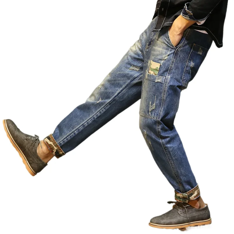 2021new jeans men's trendy pants slimming pants retro pants plus fat plus size Harem Ankle-length distressed Ripped jeans