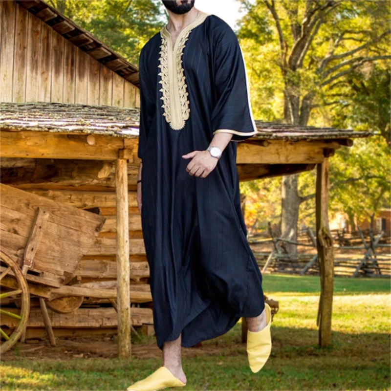 

Новая модная дизайнерская мужская рубашка Caftan комплекты для мусульман Abaya, молодежная Осенняя Свободная Повседневная однотонная мусульманская одежда с V-образным вырезом и длинным рукавом, 2021