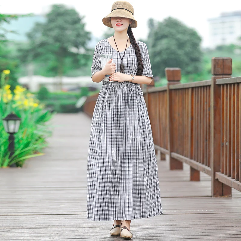 Женское летнее клетчатое платье с хлопковой подкладкой длинное Повседневные