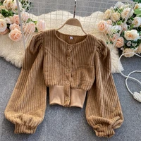 long puff sleeve women shirt corduroy patchwork autumn single breasted female short shirts streetwear casual vintage ladies tops