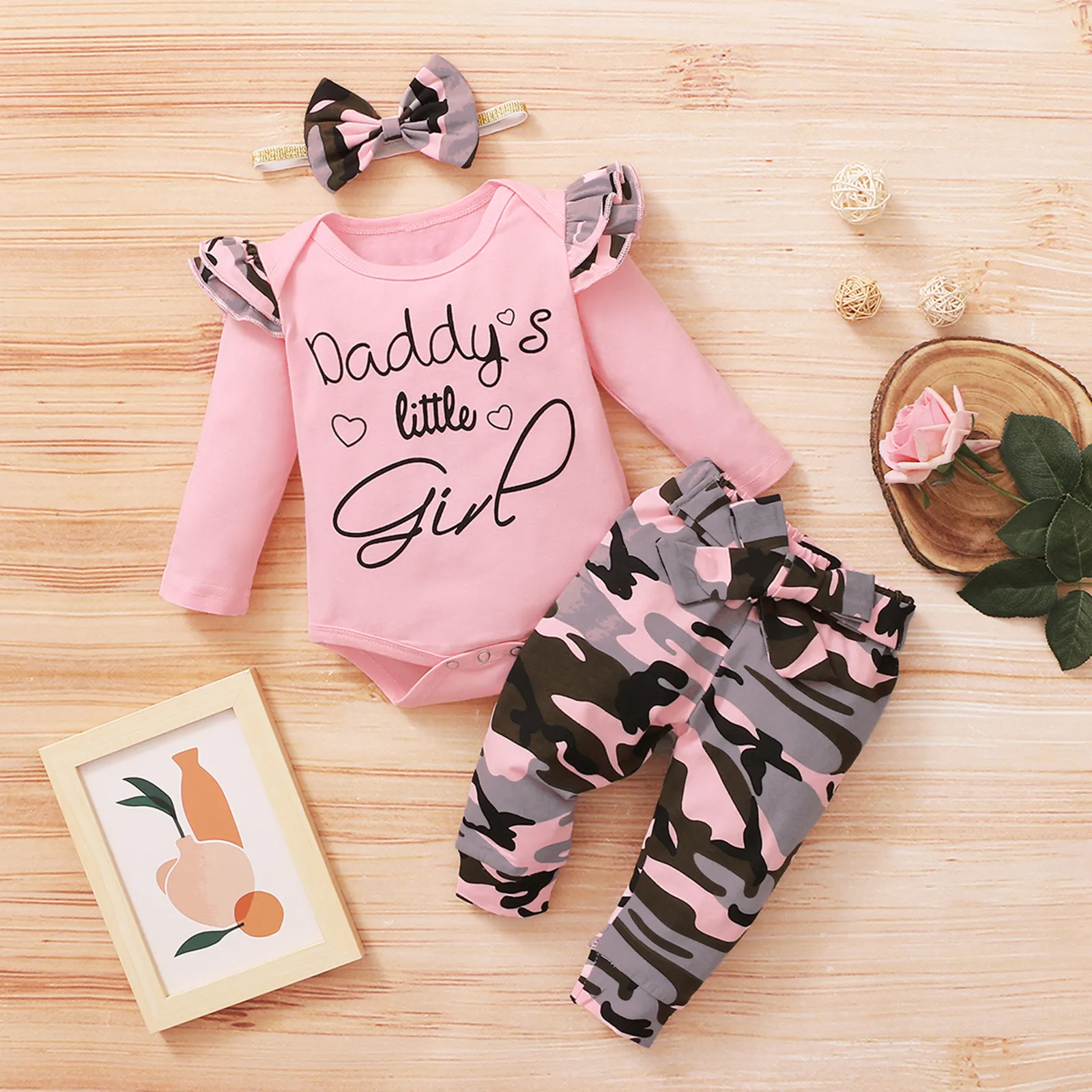 3 6 12 18M Newborn Baby Girls Clothing Sets Funny Letter Bodysuit +Camouflage Pants 3pcs Sets Infant Outfits Fall Girl Clothes