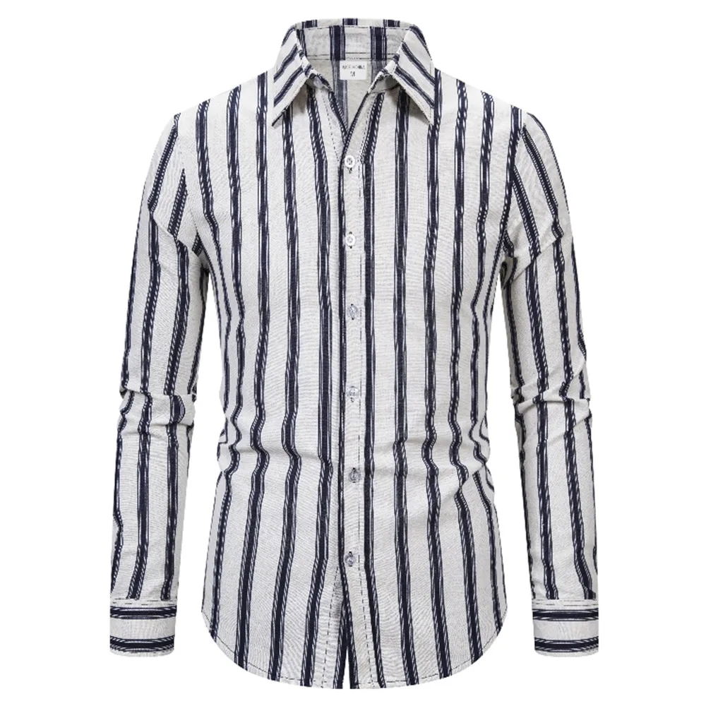 

Men Cotton Fiber Shirts 2019 New Fashion Long Sleeve Striped Print Shirts Men Casual Streetwear Men Clothes Permeability Shirts