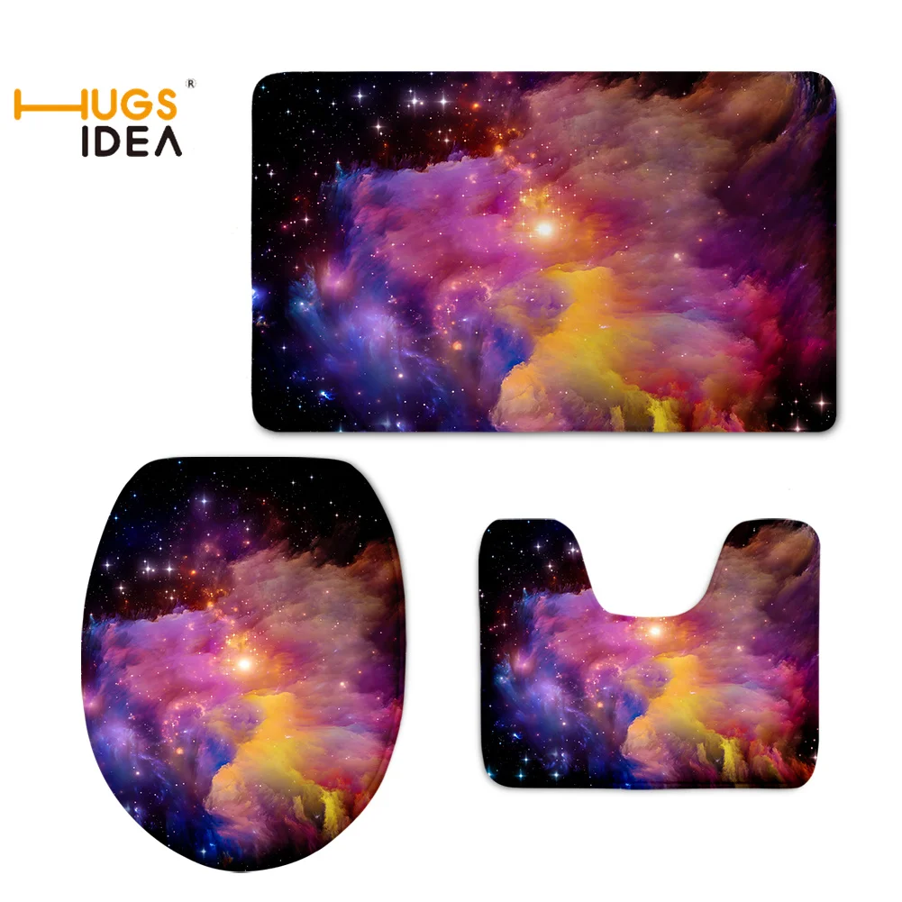 

HUGSIDEA Toilet Set Bathroom Accessories 3PCS Beautiful Starry Universe Printing Toilet Seat Covers Warm Washroom Good Quality