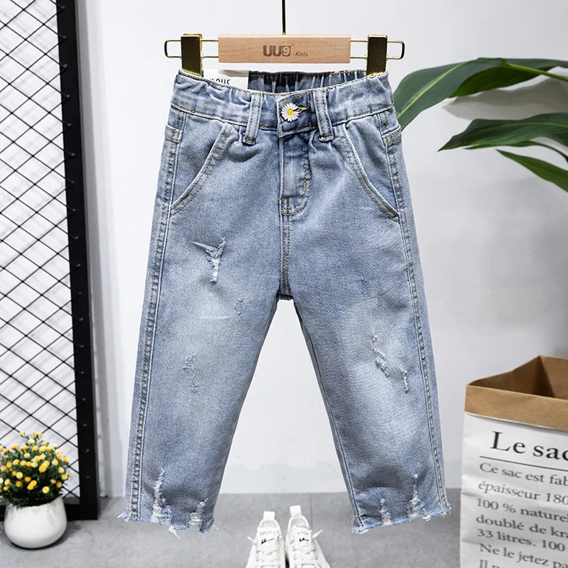 

Girls Pants 2021 Summer Korean Children's Wear Denim Shorts 8 Pants Elastic Waist Girls Pants for Kids Clothing