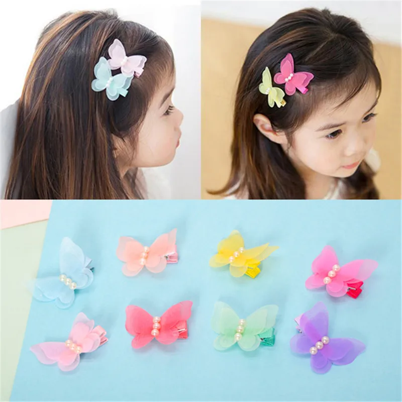 Детские заколки для волос девочек милые жемчужные шифоновые с бабочками 2019