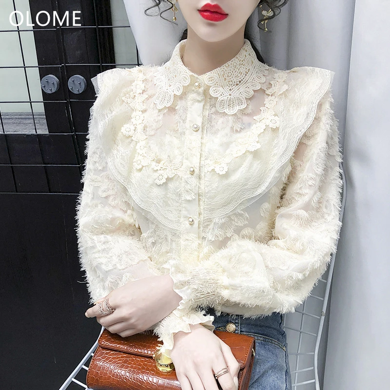 

French sweet lace blouse woman Openwork long sleeve White velvet Female tops Lace lapels Ruffle sleeve Sexy Female Shirts
