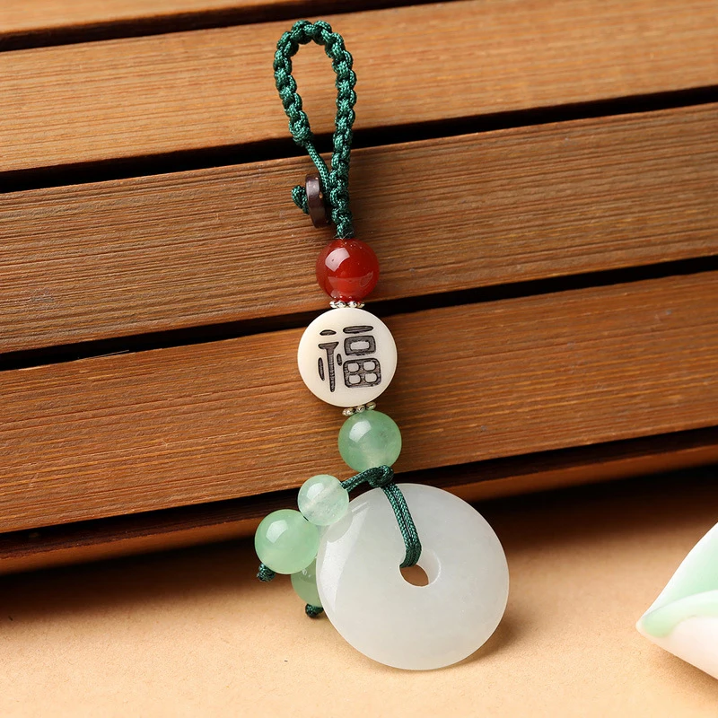 

Natural White Jade Agates Stone Round Pendant KeyChain Hand-carved Agates Lucky Amulet Keyring Gifts For Men And Women Luck Gift