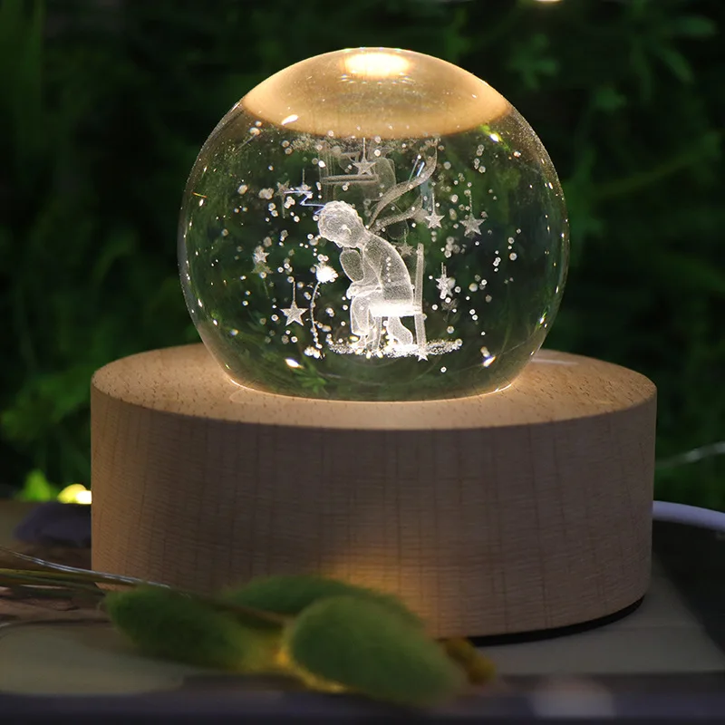 

Crystal Ball led Night Light Beech Wood 3D Engraved Little Prince Lamp for Kids Birthday Gift Home Decoration Lighting