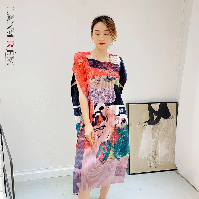 

LANMREM Summer Dress For Women Printing Short Sleeve Loose Elastic Dresses Female Fashion Elegant Clothing 2D3646