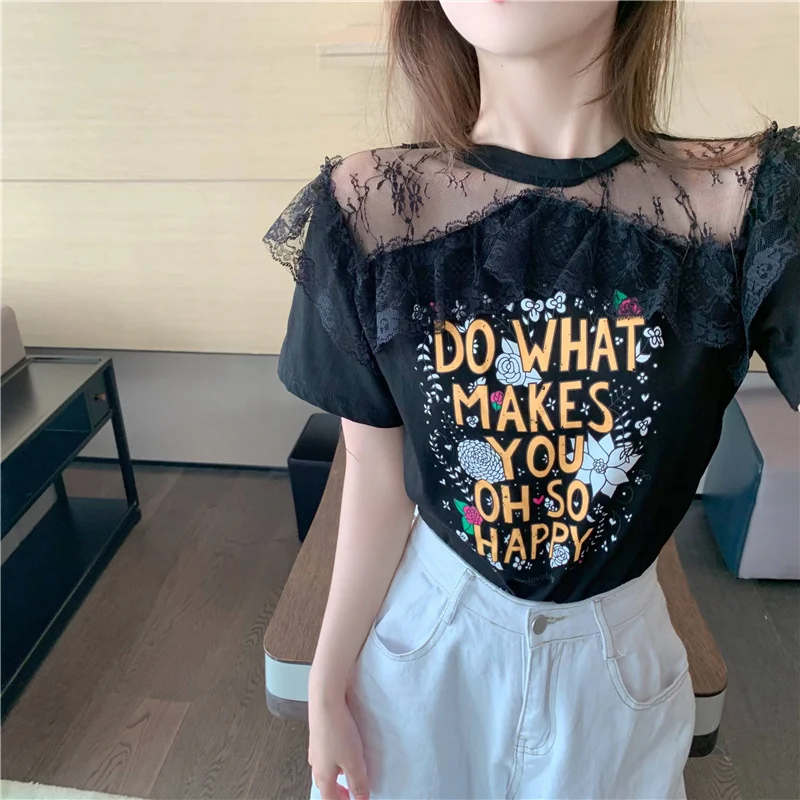 

Fashion Letter Printing Black TShirt Women Sexy Perspective Patchwork Lace T-shirts Tees Summer Short Sleeve Sweet T-Shirt Tops