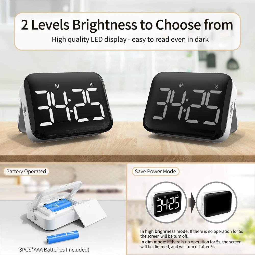 

4inch LED Digital Display Kitchen Cooking Timer With Adjustable Volume Level 2 Brightness Magnetic Countdown Count Up Timer