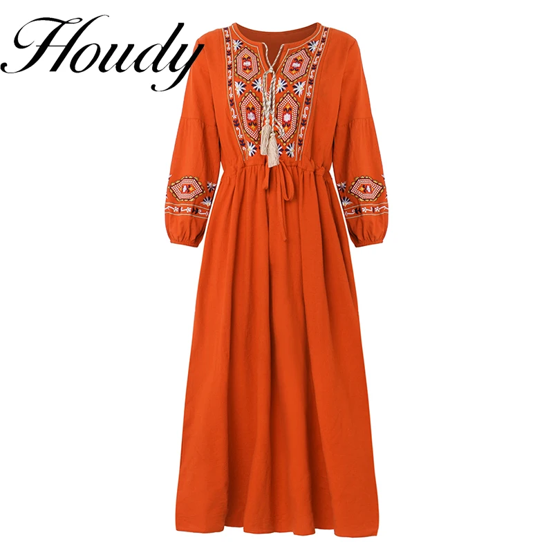 

Autumn And Summer Fashion Orange Women's Large Size Loose Elegant Embroidered Middle Sleeve Dress Party Casual Clothes Hot Sale