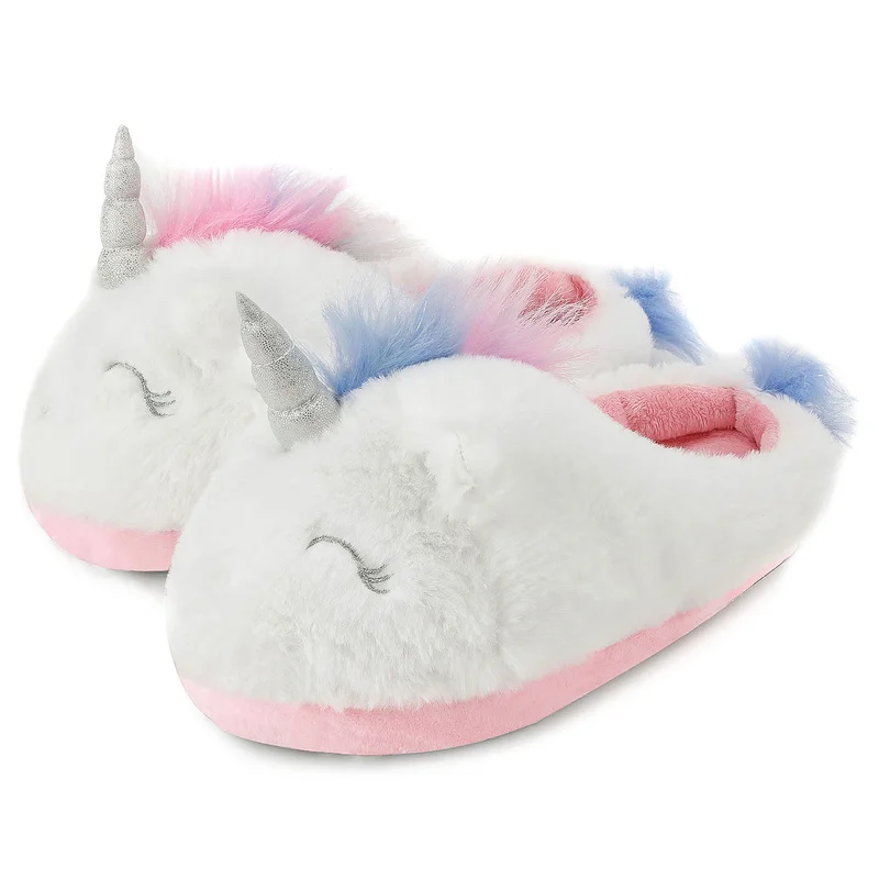KushyShoo/женские тапочки с милым единорогом Меховые Домашняя обувь 3d зимняя теплая