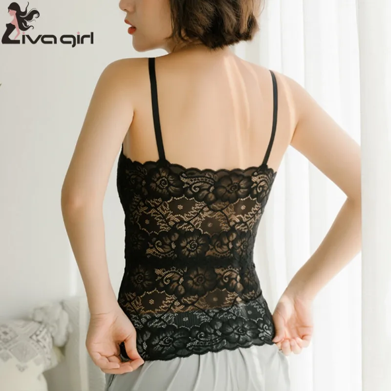 Сексуальный женский укороченный топ без рукавов кружевной тонкий на бретельках