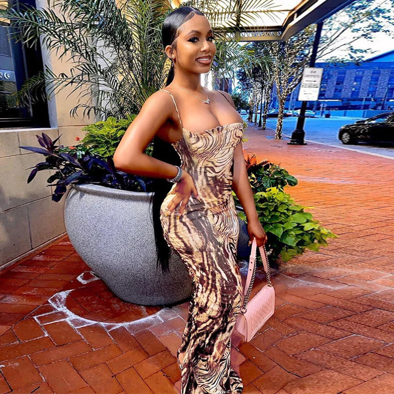 

Женское облегающее платье макси с принтом, элегантное пляжное платье-туника с разрезом и рюшами, Клубная уличная одежда Вечерние, лето 2021